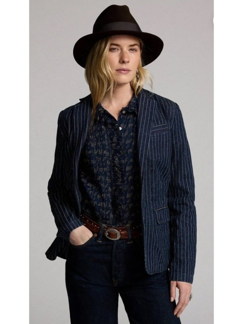 NEW Double RL Ralph Lauren indigo dot-stripe denim Sloane blazer 4(L) western